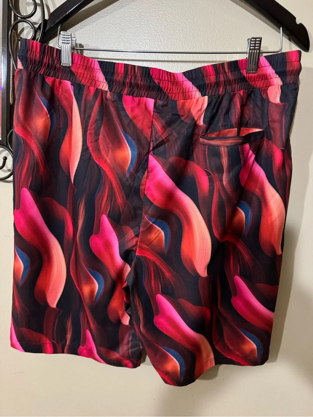 Men's Wave-Print Swim Board Shorts in Red & Pink